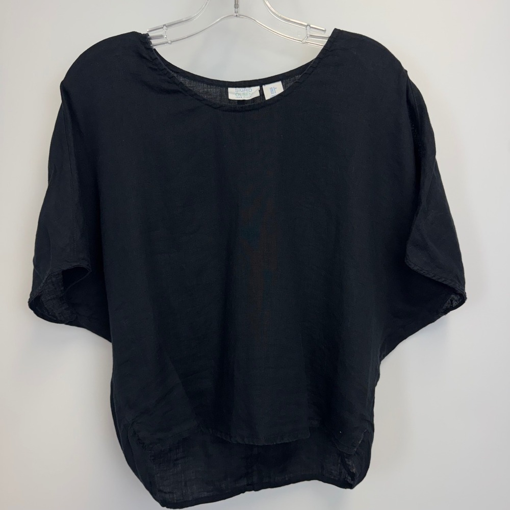 Sigrid Olsen Black 100% Linen Boxy Dolman Sleeve Blouse Top Womens Small - Picture 2 of 12